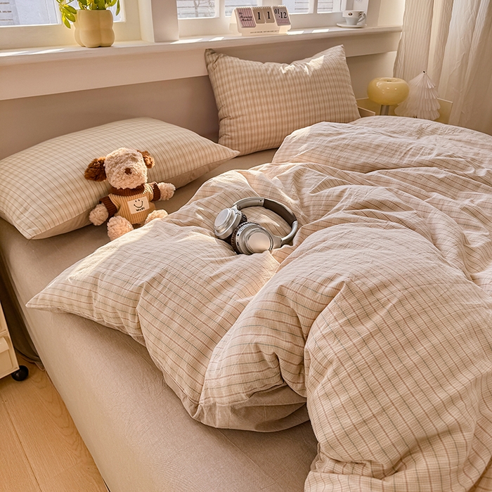 91家纺网 家纺一手货源 找家纺 梦依依 2026新款全棉色织水洗棉拉链款四件套 柠檬卡其