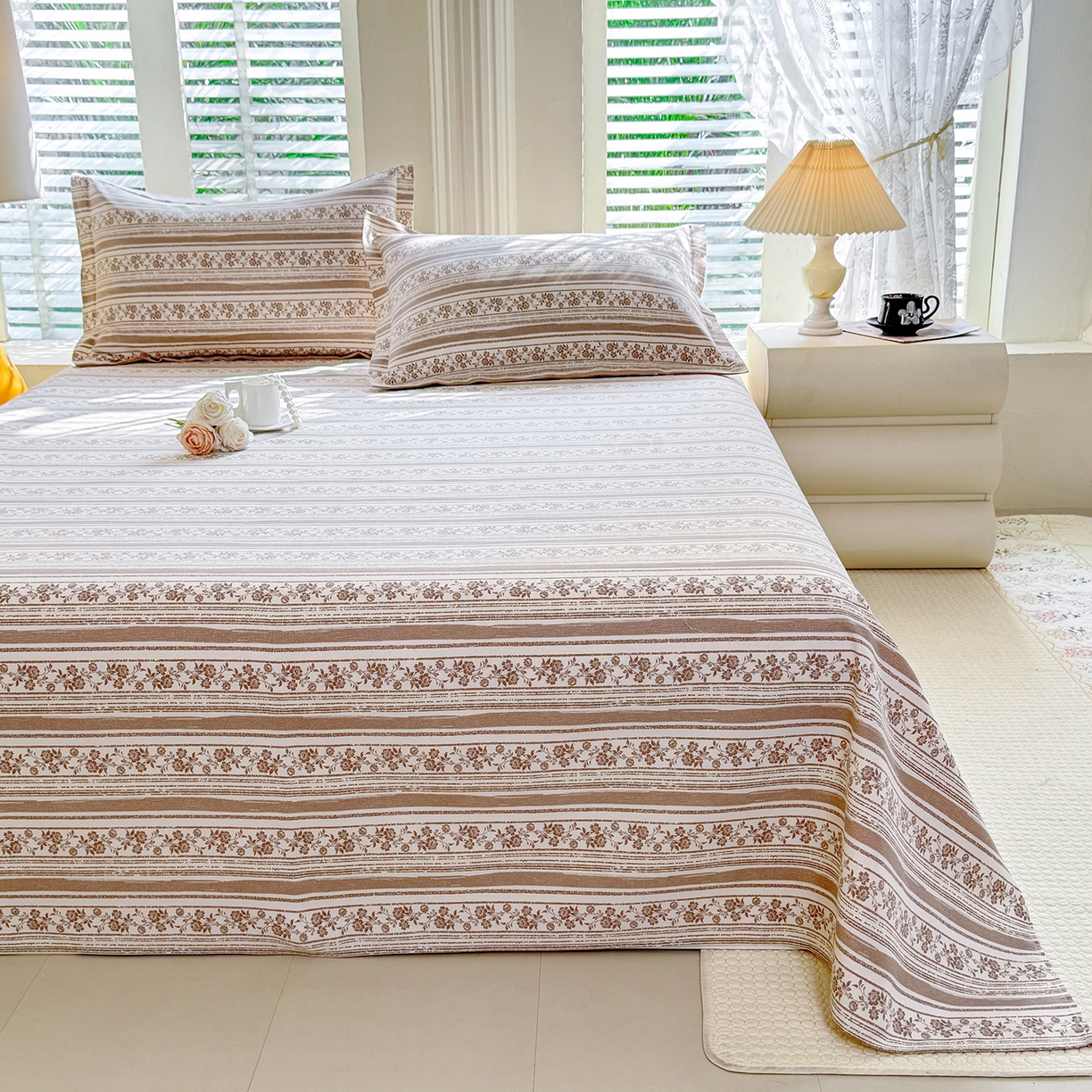 91家纺网 家纺一手货源 找家纺 木易 2026新款原棉老粗布床单凉席三件套 迷梦花语