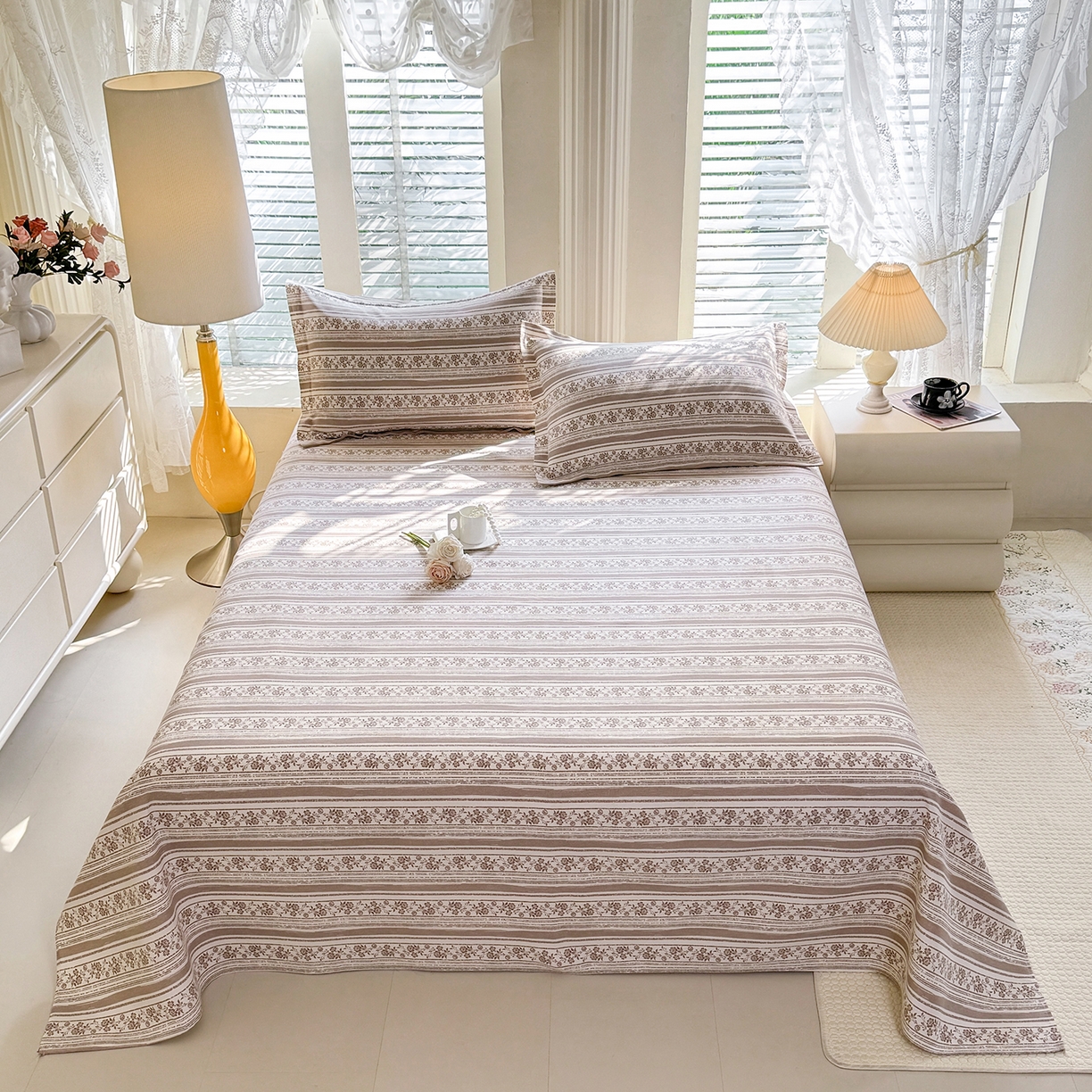 91家纺网 家纺一手货源 找家纺 木易 2026新款原棉老粗布床单凉席三件套 迷梦花语