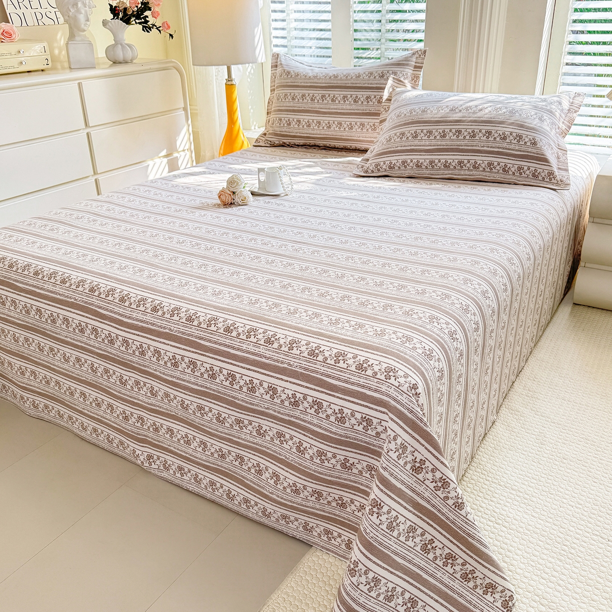 91家纺网 家纺一手货源 找家纺 木易 2026新款原棉老粗布床单凉席三件套 迷梦花语