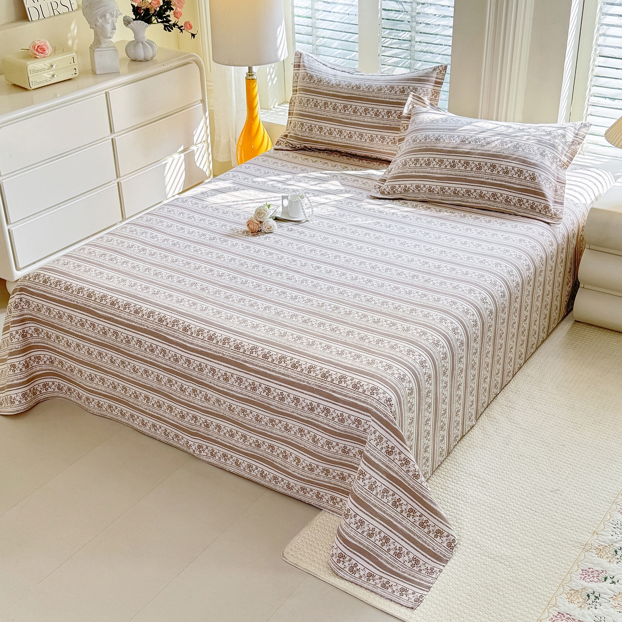 91家纺网 家纺一手货源 找家纺 木易 2026新款原棉老粗布床单凉席三件套 迷梦花语