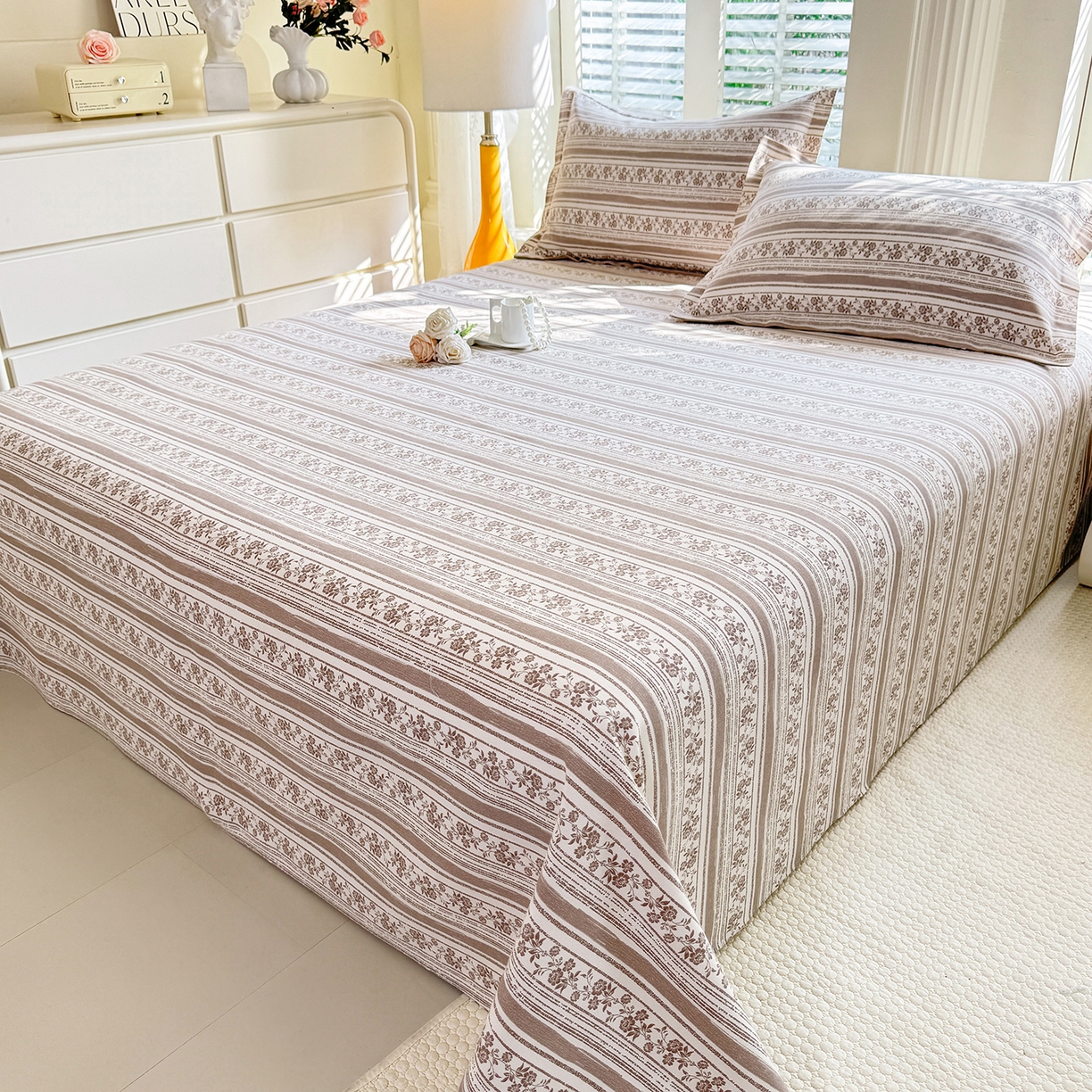 91家纺网 家纺一手货源 找家纺 木易 2026新款原棉老粗布床单凉席三件套 迷梦花语