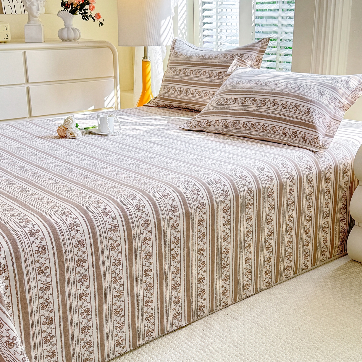 91家纺网 家纺一手货源 找家纺 木易 2026新款原棉老粗布床单凉席三件套 迷梦花语