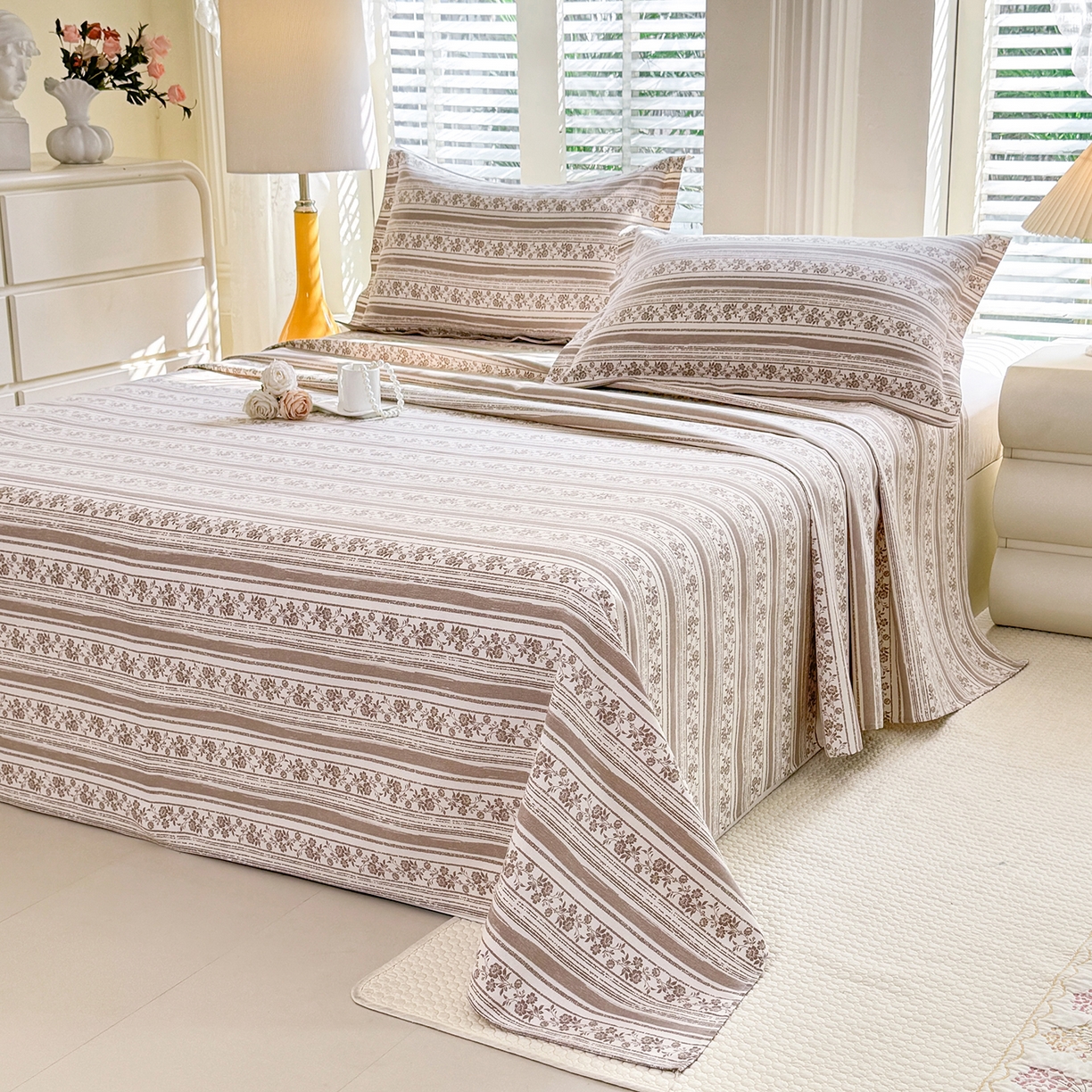 91家纺网 家纺一手货源 找家纺 木易 2026新款原棉老粗布床单凉席三件套 迷梦花语