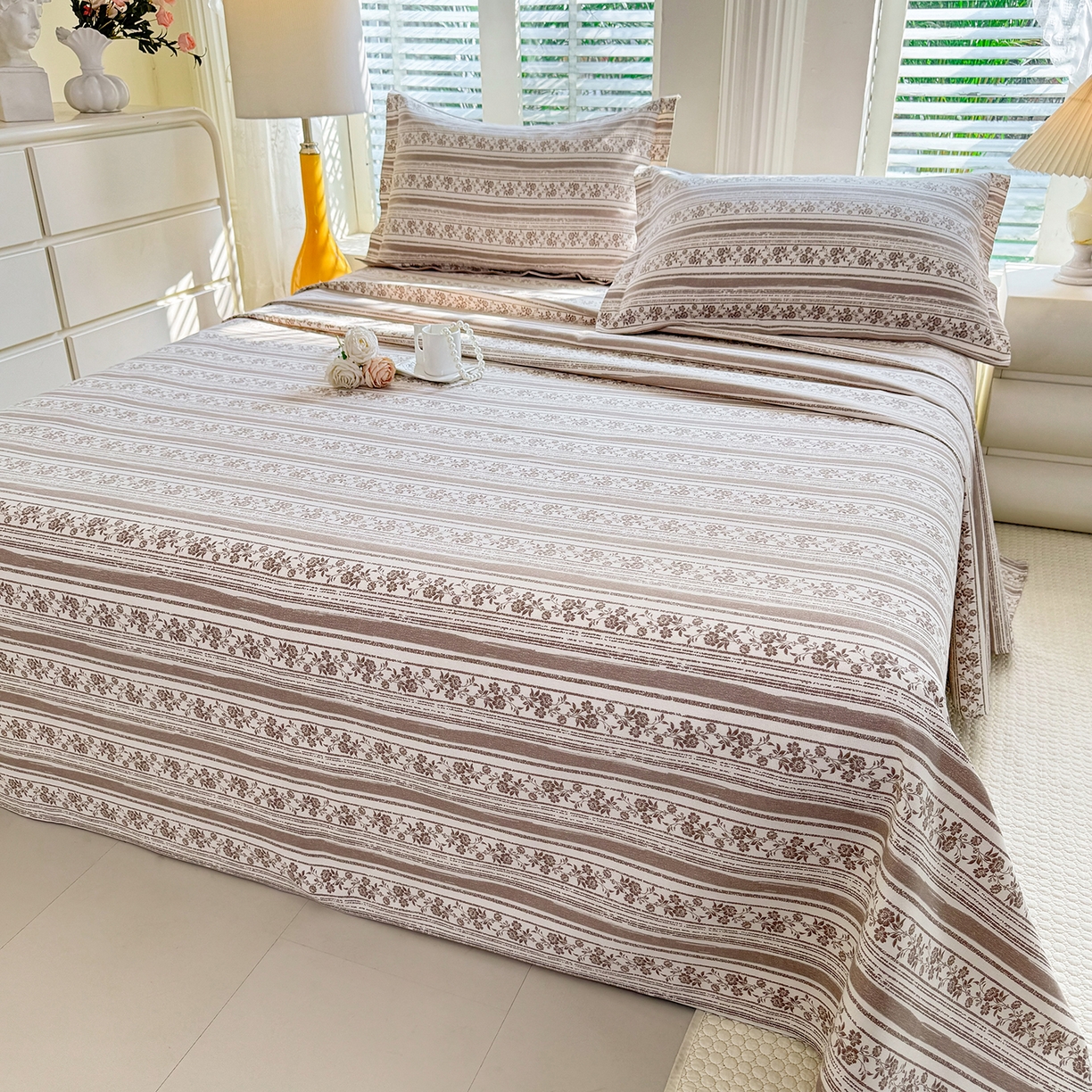 91家纺网 家纺一手货源 找家纺 木易 2026新款原棉老粗布床单凉席三件套 迷梦花语