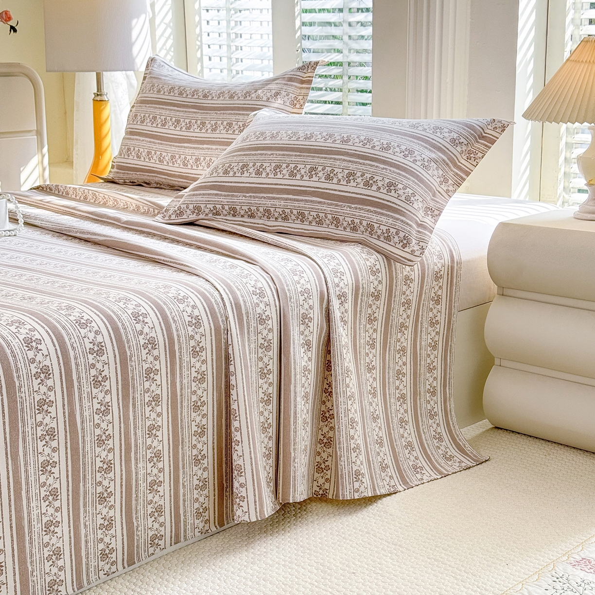 91家纺网 家纺一手货源 找家纺 木易 2026新款原棉老粗布床单凉席三件套 迷梦花语