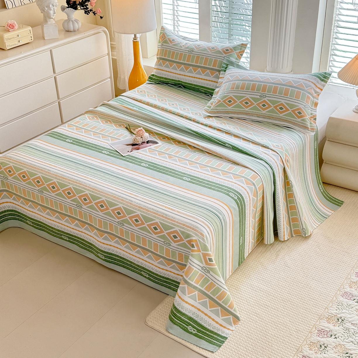 91家纺网 家纺一手货源 找家纺 木易家居 2026新款原棉老粗布床单凉席三件套 佩里斯