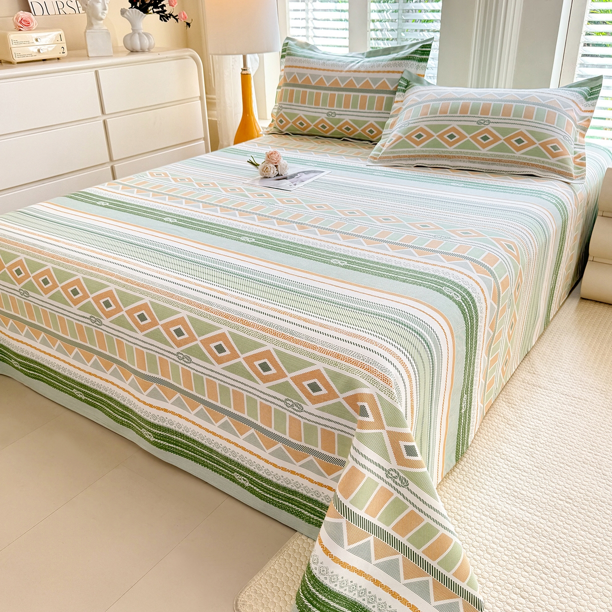 91家纺网 家纺一手货源 找家纺 木易家居 2026新款原棉老粗布床单凉席三件套 佩里斯