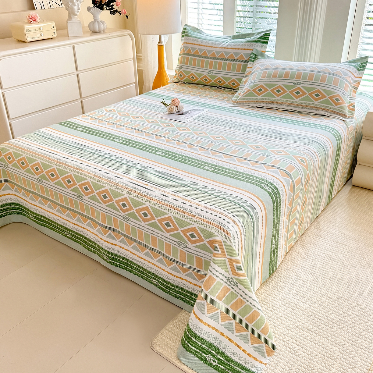 91家纺网 家纺一手货源 找家纺 木易家居 2026新款原棉老粗布床单凉席三件套 佩里斯