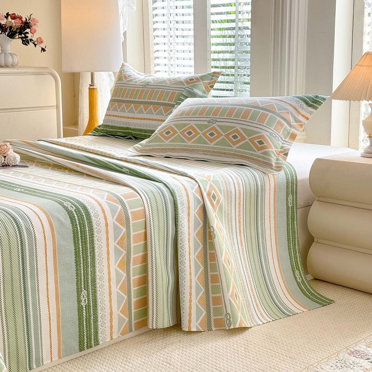 91家纺网 家纺一手货源 找家纺 木易家居 2026新款原棉老粗布床单凉席三件套 佩里斯