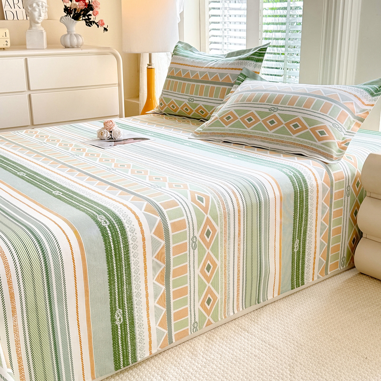 91家纺网 家纺一手货源 找家纺 木易家居 2026新款原棉老粗布床单凉席三件套 佩里斯