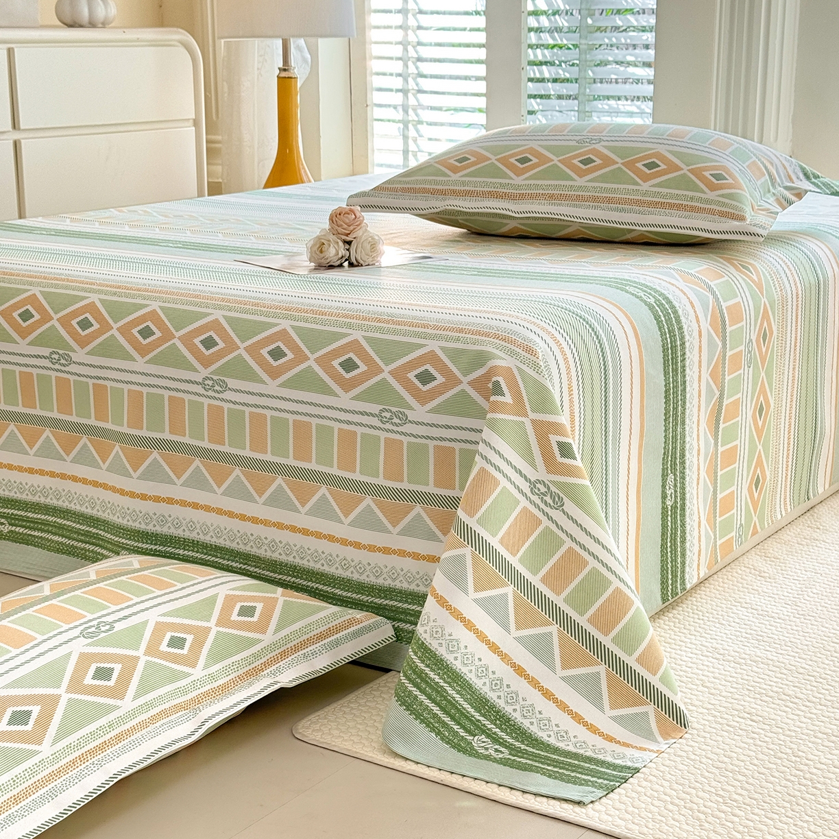 91家纺网 家纺一手货源 找家纺 木易家居 2026新款原棉老粗布床单凉席三件套 佩里斯