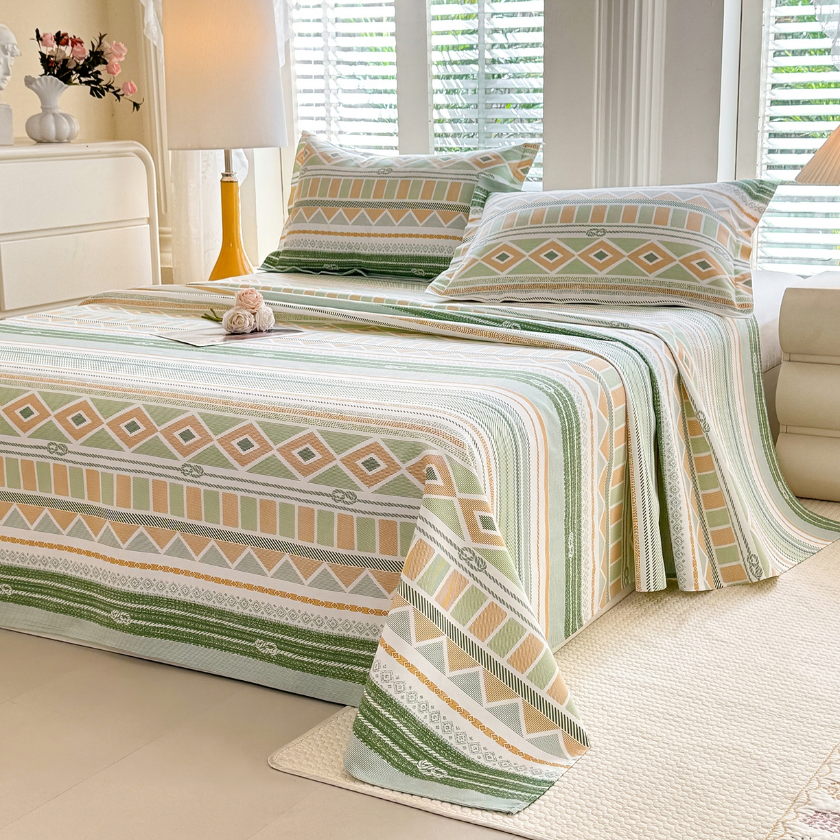 91家纺网 家纺一手货源 找家纺 木易家居 2026新款原棉老粗布床单凉席三件套 佩里斯