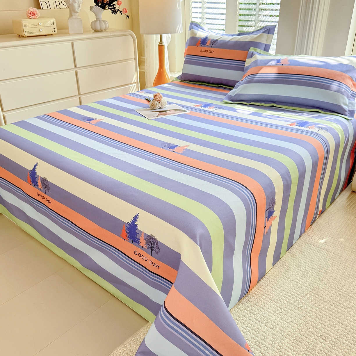 91家纺网 家纺一手货源 找家纺 木易 2026新款原棉老粗布床单凉席三件套 松林小树