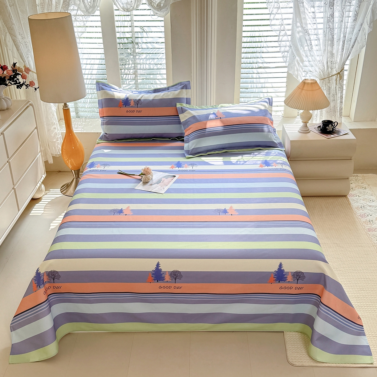 91家纺网 家纺一手货源 找家纺 木易 2026新款原棉老粗布床单凉席三件套 松林小树