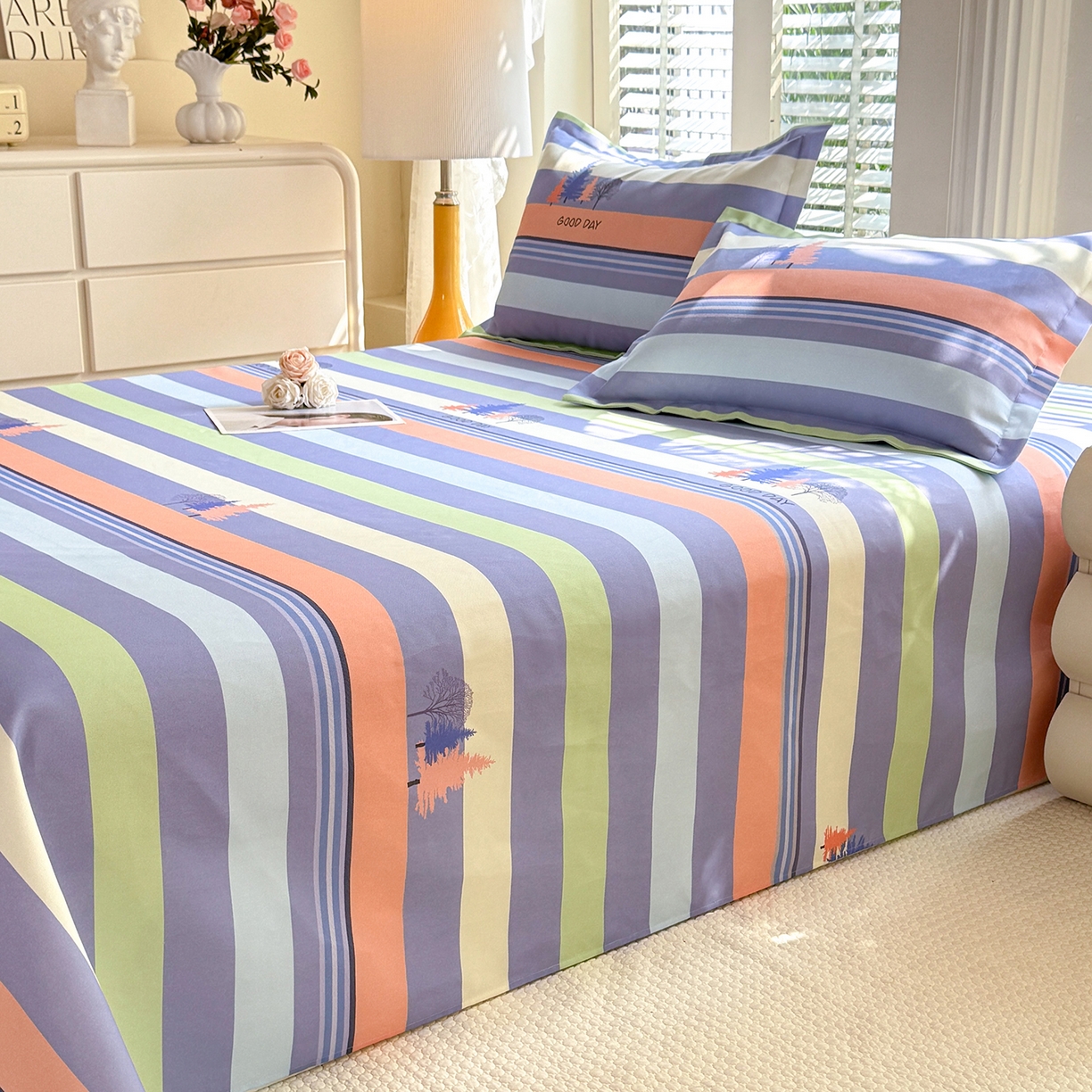 91家纺网 家纺一手货源 找家纺 木易 2026新款原棉老粗布床单凉席三件套 松林小树