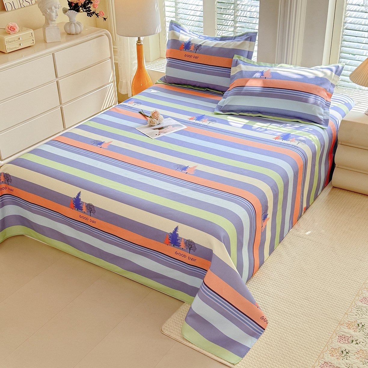 91家纺网 家纺一手货源 找家纺 木易 2026新款原棉老粗布床单凉席三件套 松林小树