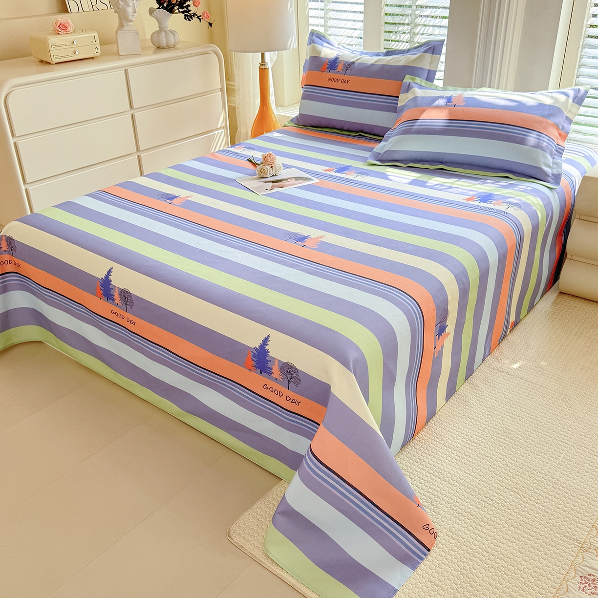 91家纺网 家纺一手货源 找家纺 木易 2026新款原棉老粗布床单凉席三件套 松林小树