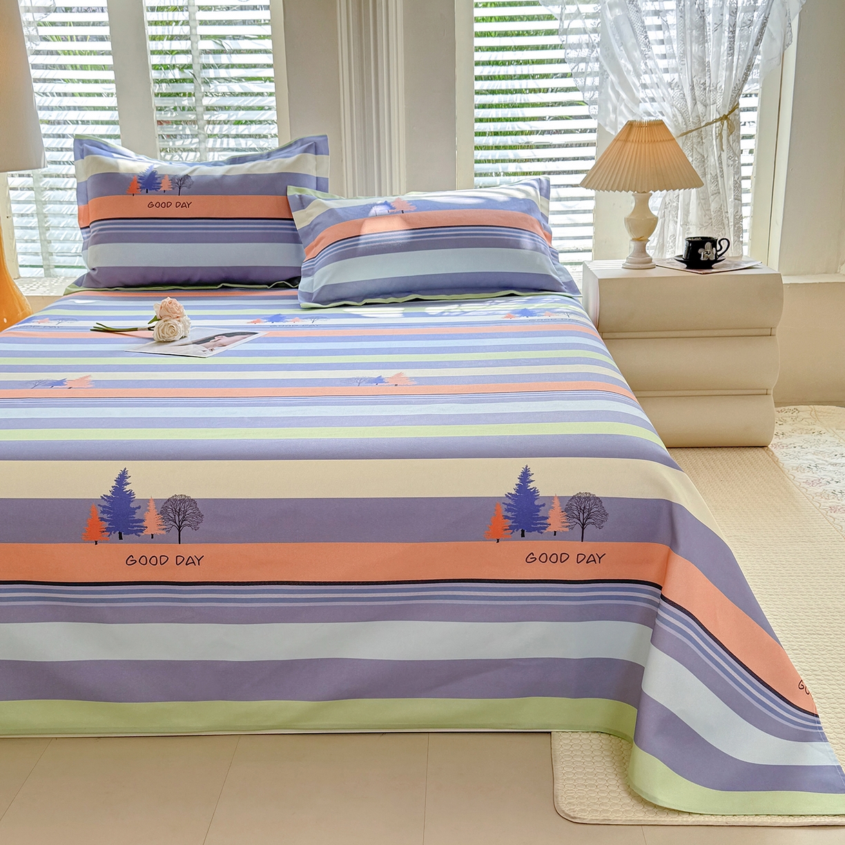 91家纺网 家纺一手货源 找家纺 木易 2026新款原棉老粗布床单凉席三件套 松林小树