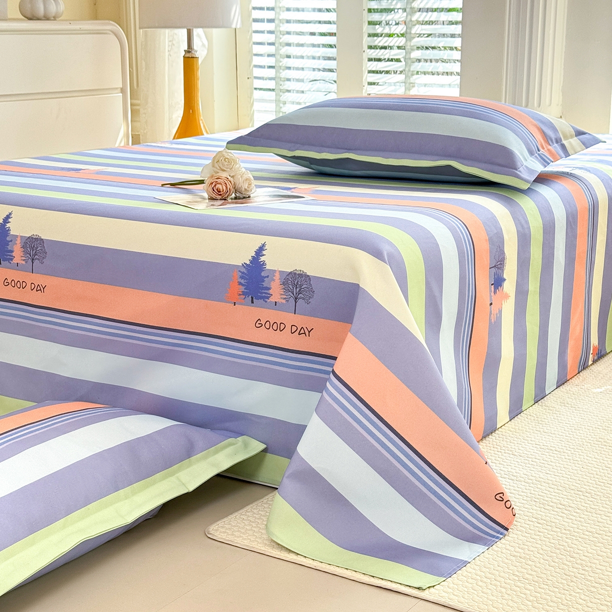 91家纺网 家纺一手货源 找家纺 木易 2026新款原棉老粗布床单凉席三件套 松林小树