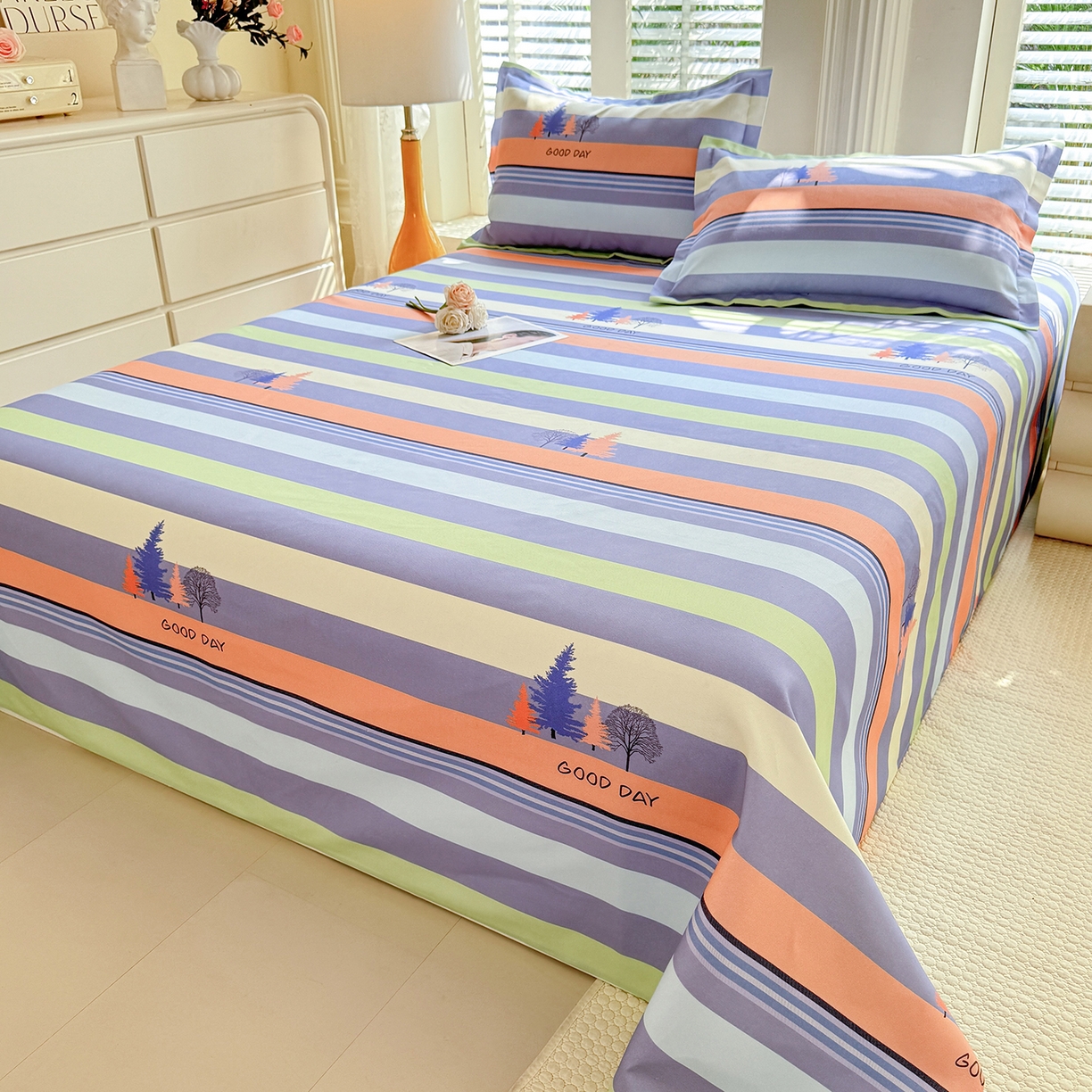 91家纺网 家纺一手货源 找家纺 木易 2026新款原棉老粗布床单凉席三件套 松林小树