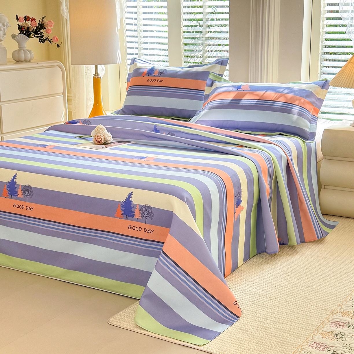 91家纺网 家纺一手货源 找家纺 木易 2026新款原棉老粗布床单凉席三件套 松林小树