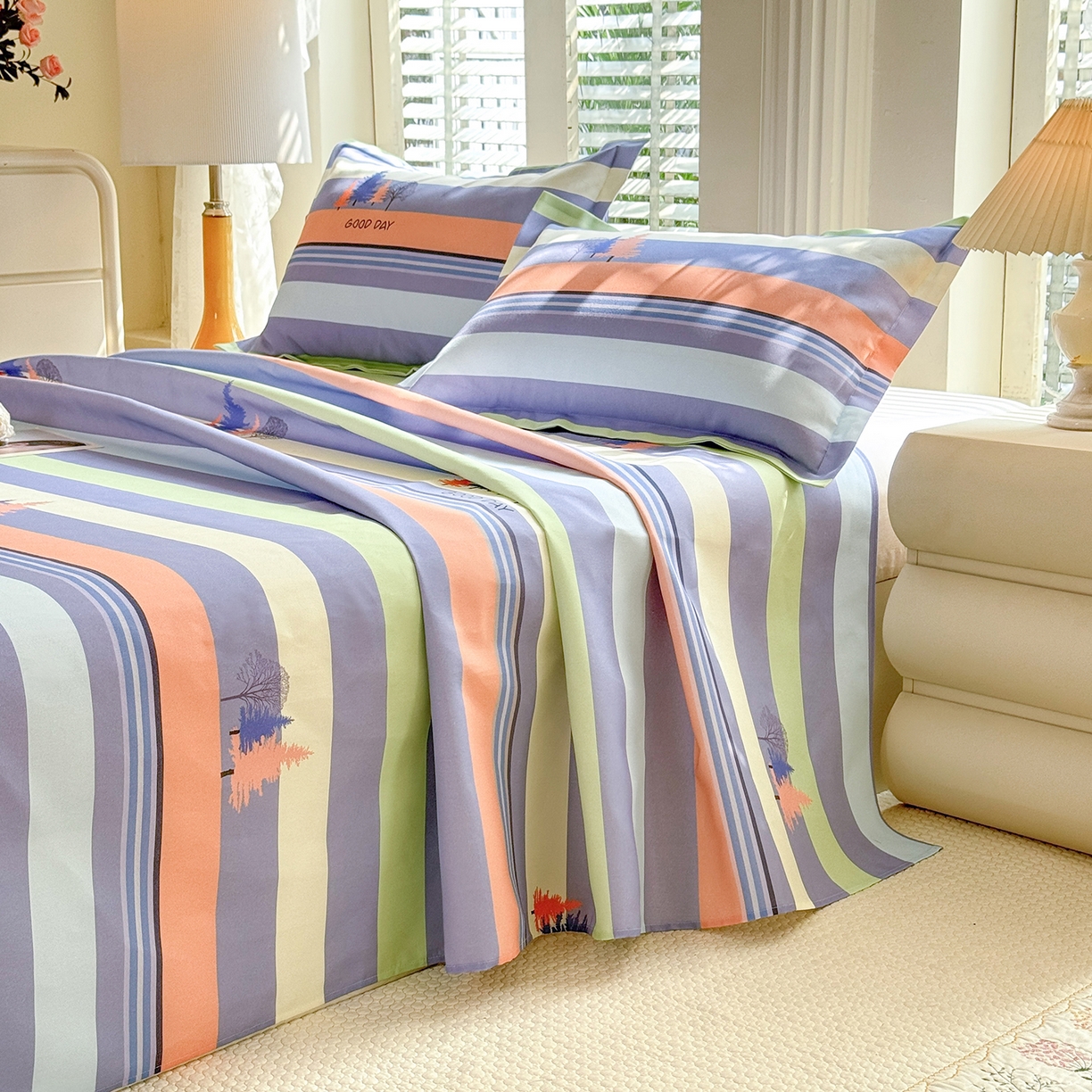 91家纺网 家纺一手货源 找家纺 木易 2026新款原棉老粗布床单凉席三件套 松林小树