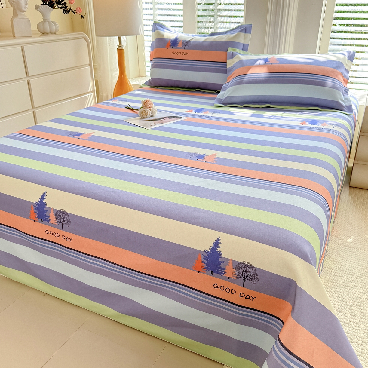 91家纺网 家纺一手货源 找家纺 木易 2026新款原棉老粗布床单凉席三件套 松林小树