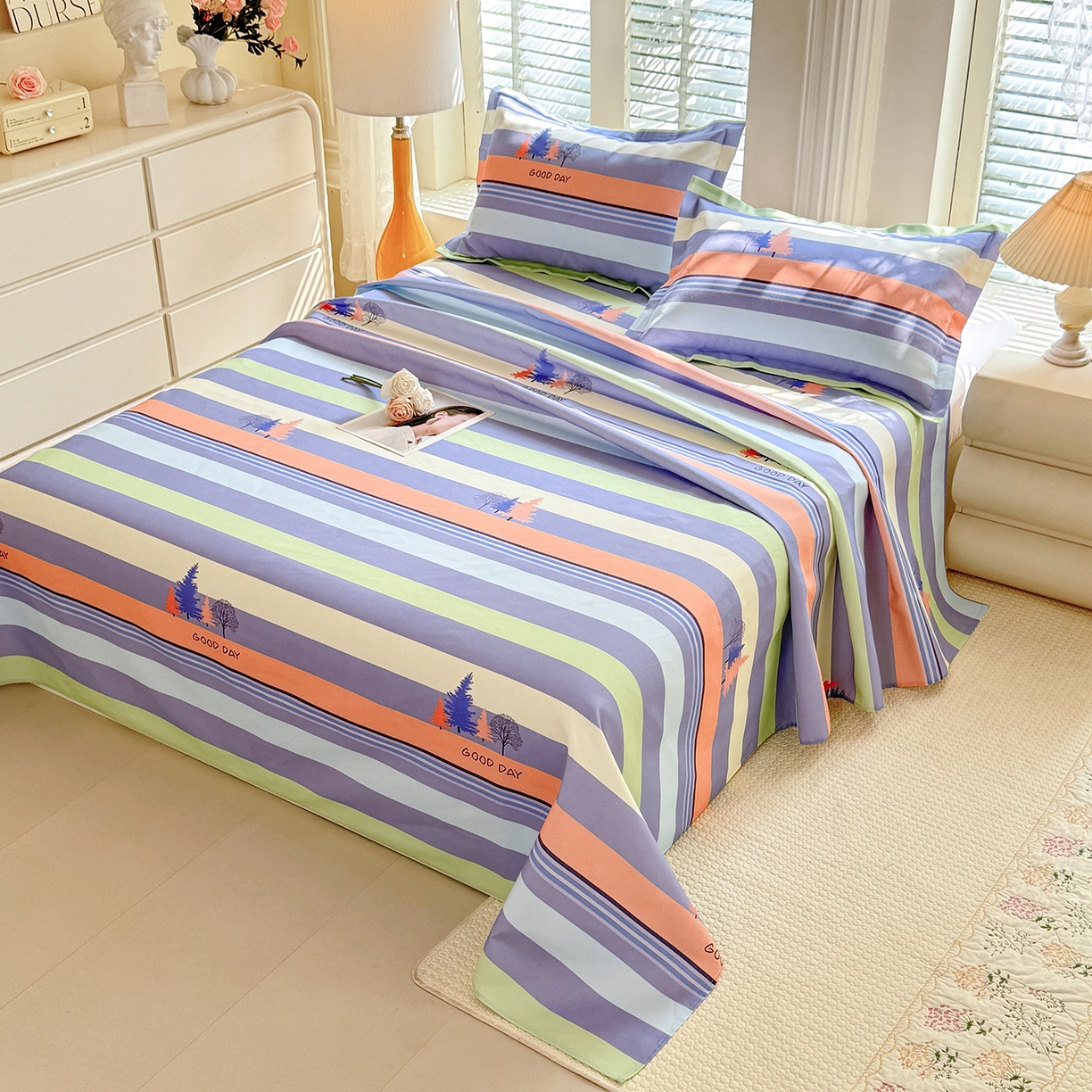 91家纺网 家纺一手货源 找家纺 木易 2026新款原棉老粗布床单凉席三件套 松林小树