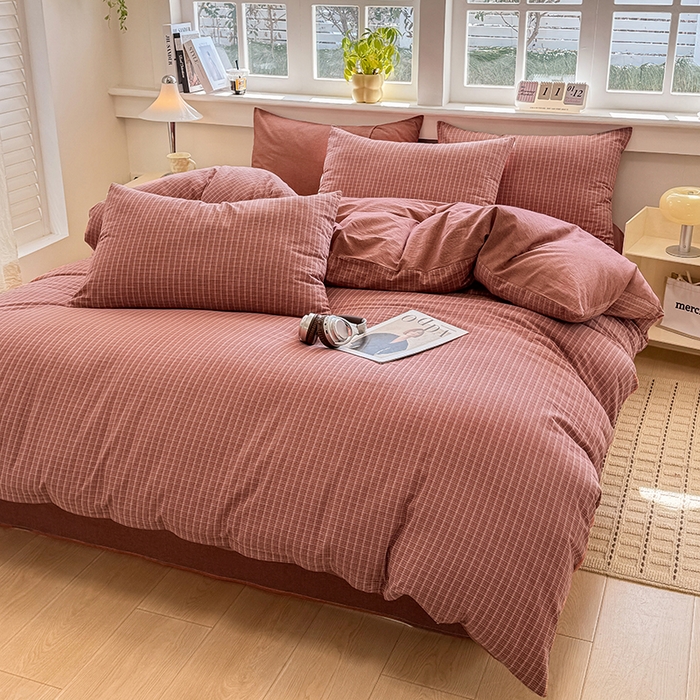 91家纺网 家纺一手货源 找家纺 梦依依 2026新款全棉色织水洗棉拉链款四件套 晚晴红