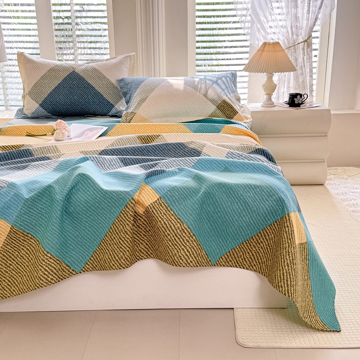 91家纺网 家纺一手货源 找家纺 木易 2026新款原棉老粗布床单凉席三件套 幸运格