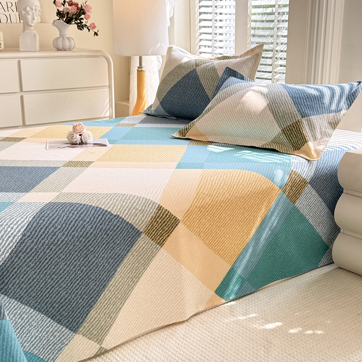 91家纺网 家纺一手货源 找家纺 木易 2026新款原棉老粗布床单凉席三件套 幸运格