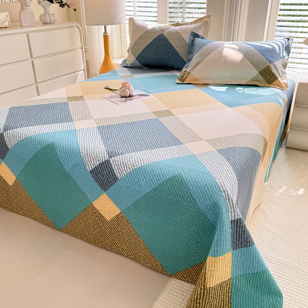 91家纺网 家纺一手货源 找家纺 木易 2026新款原棉老粗布床单凉席三件套 幸运格