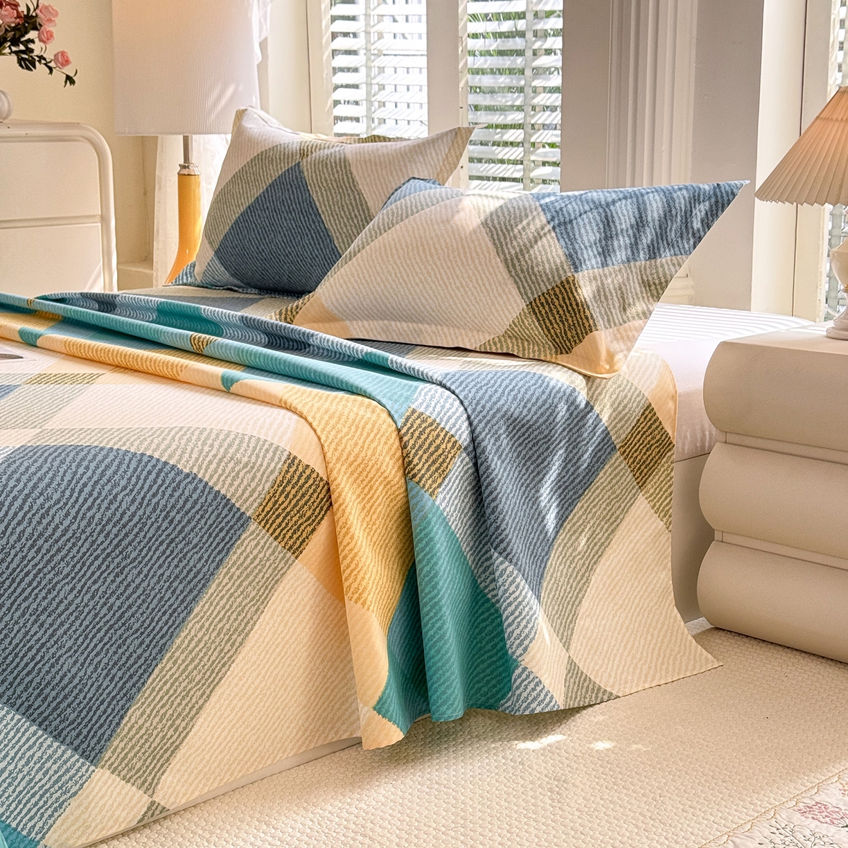 91家纺网 家纺一手货源 找家纺 木易 2026新款原棉老粗布床单凉席三件套 幸运格