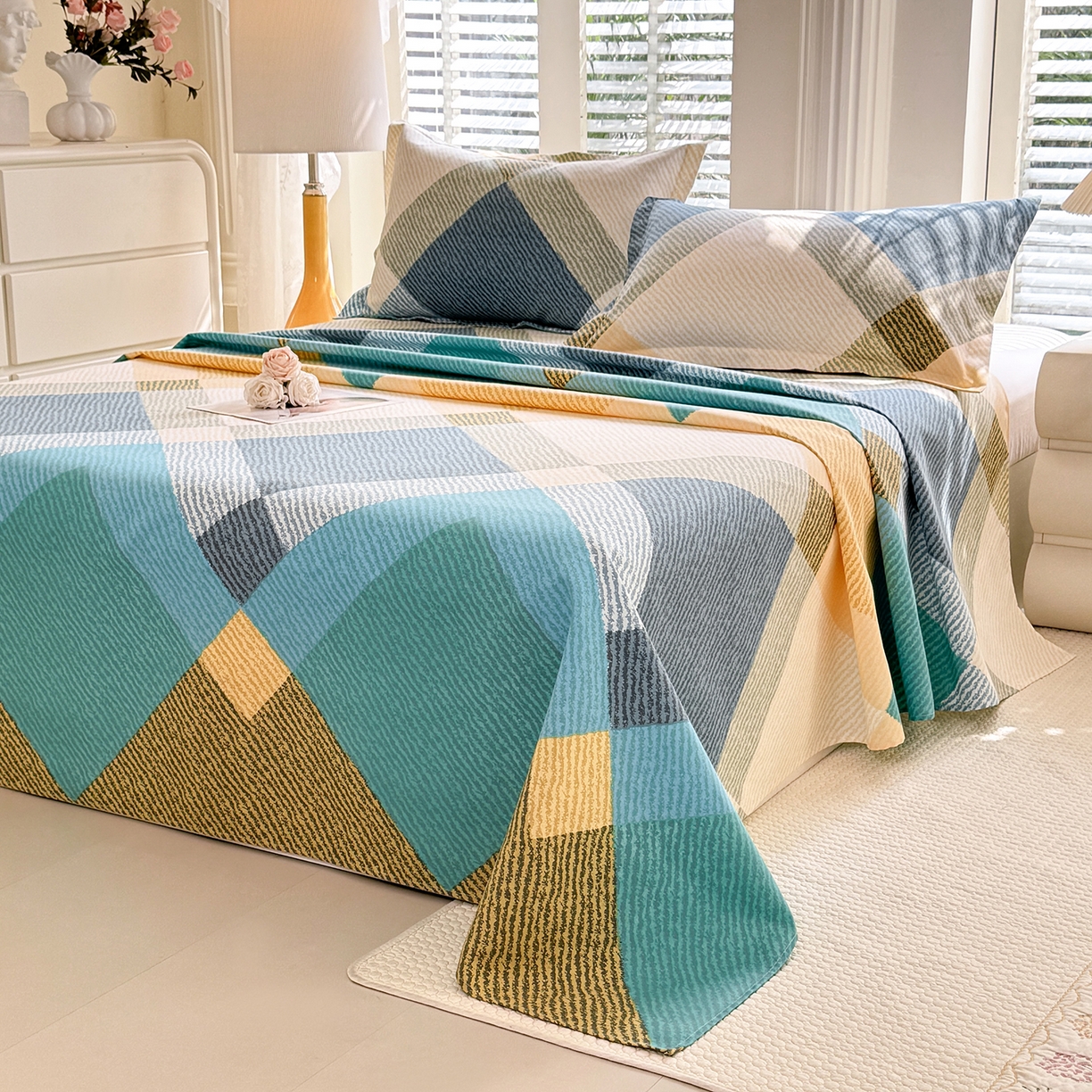 91家纺网 家纺一手货源 找家纺 木易 2026新款原棉老粗布床单凉席三件套 幸运格