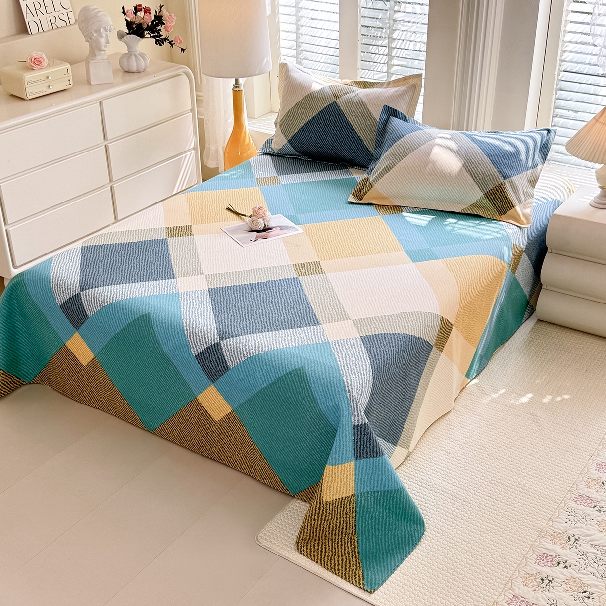 91家纺网 家纺一手货源 找家纺 木易 2026新款原棉老粗布床单凉席三件套 幸运格