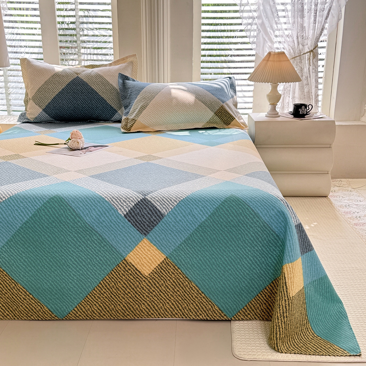 91家纺网 家纺一手货源 找家纺 木易 2026新款原棉老粗布床单凉席三件套 幸运格