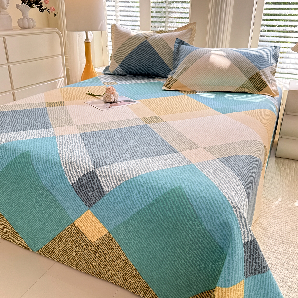 91家纺网 家纺一手货源 找家纺 木易 2026新款原棉老粗布床单凉席三件套 幸运格