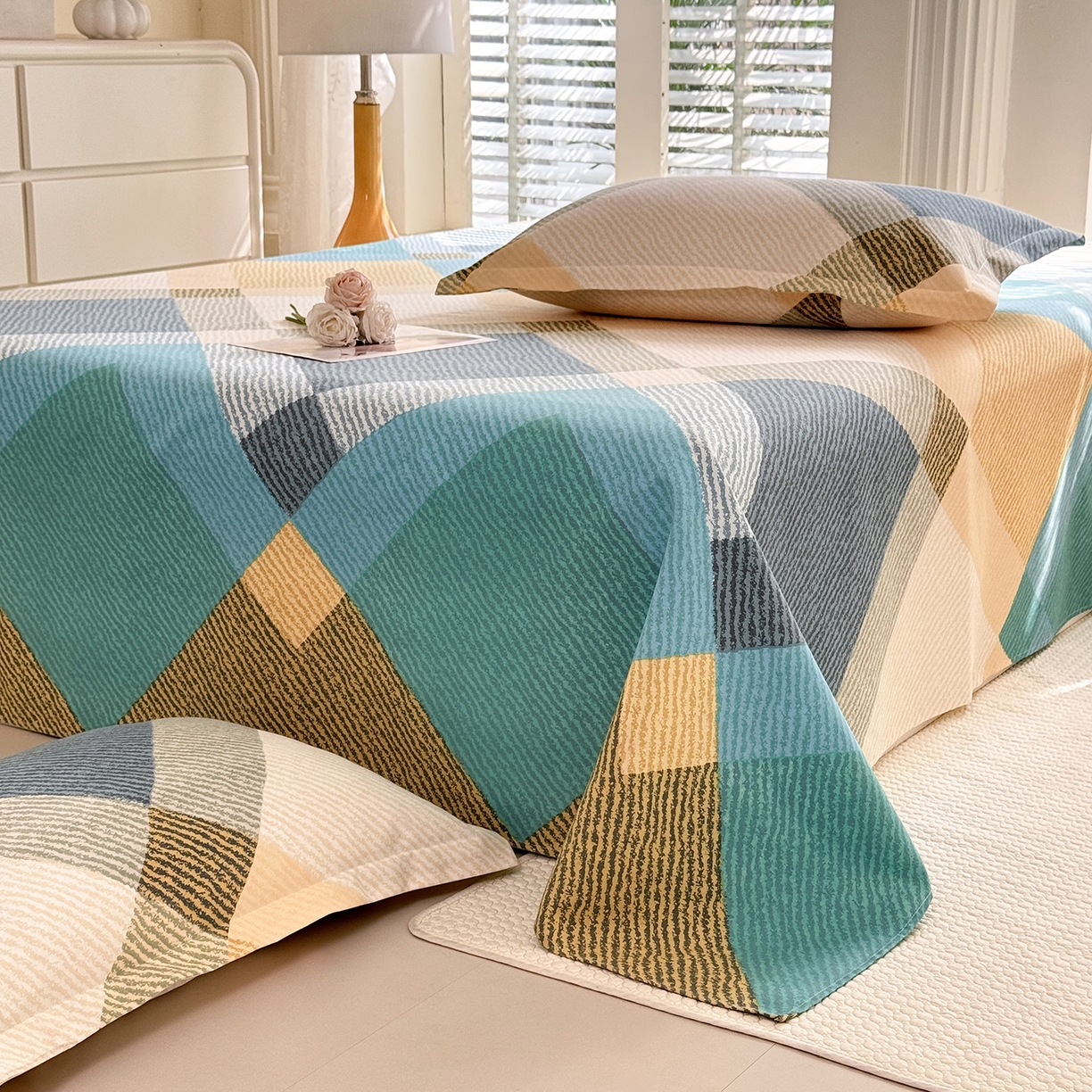 91家纺网 家纺一手货源 找家纺 木易 2026新款原棉老粗布床单凉席三件套 幸运格