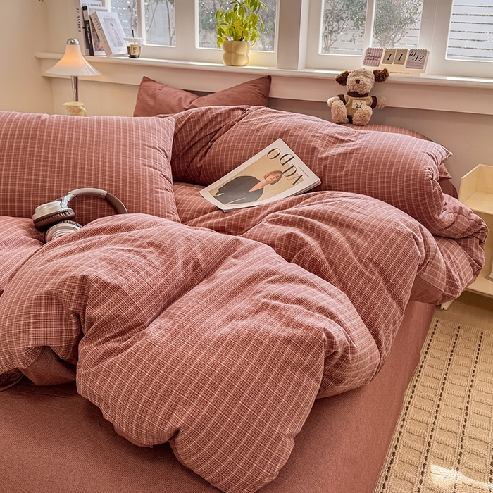 91家纺网 家纺一手货源 找家纺 梦依依 2026新款全棉色织水洗棉拉链款四件套 晚晴红