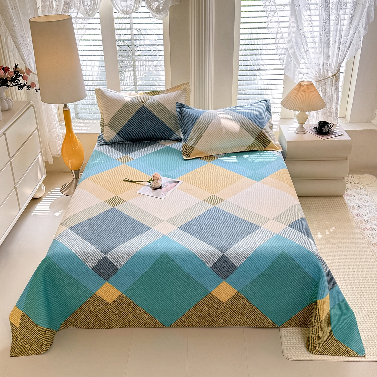 91家纺网 家纺一手货源 找家纺 木易 2026新款原棉老粗布床单凉席三件套 幸运格