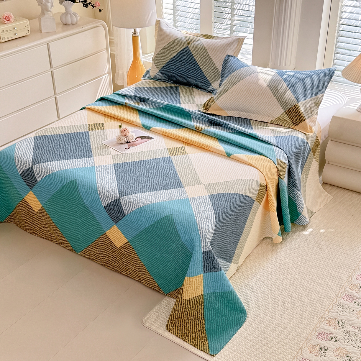 91家纺网 家纺一手货源 找家纺 木易 2026新款原棉老粗布床单凉席三件套 幸运格