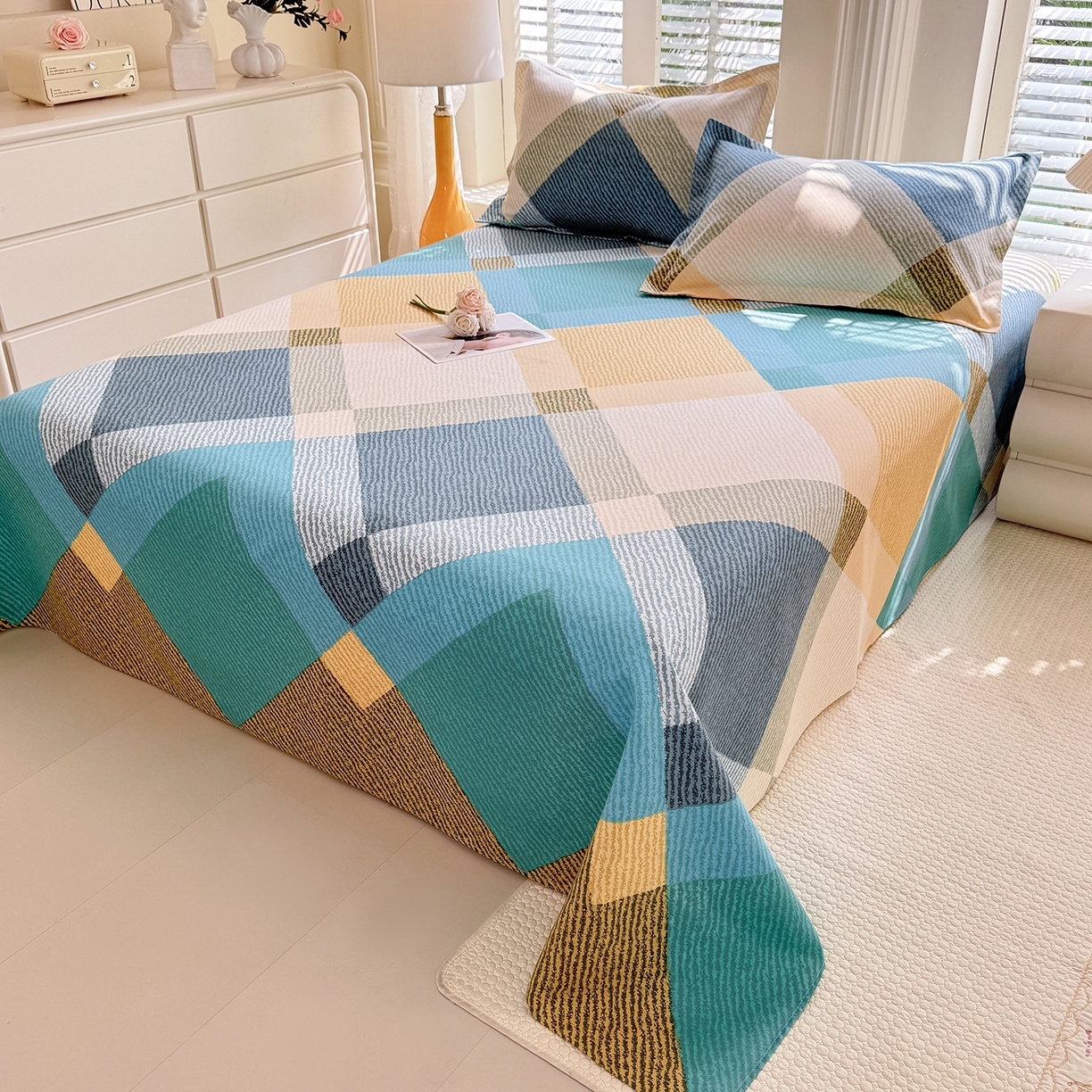 91家纺网 家纺一手货源 找家纺 木易 2026新款原棉老粗布床单凉席三件套 幸运格