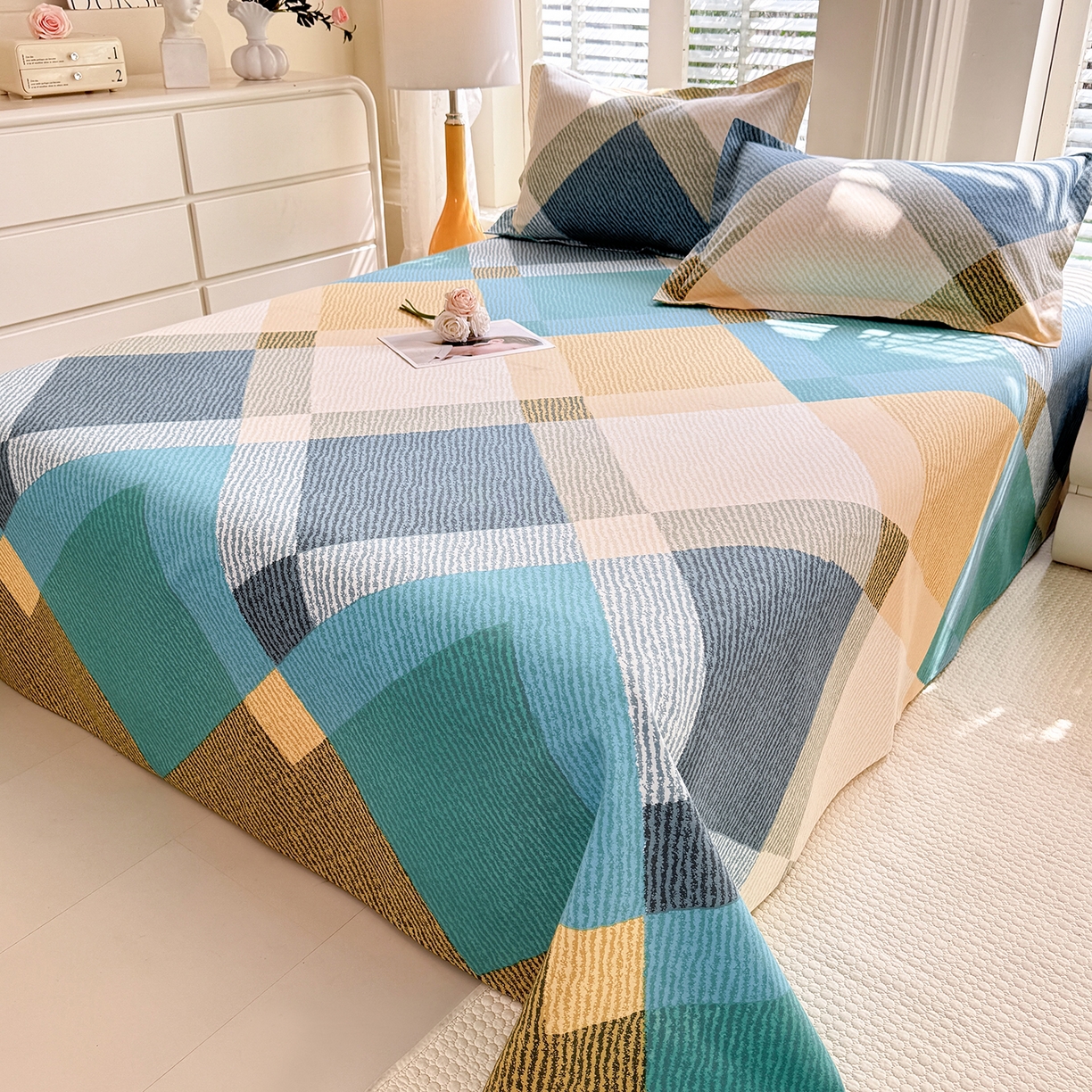 91家纺网 家纺一手货源 找家纺 木易 2026新款原棉老粗布床单凉席三件套 幸运格