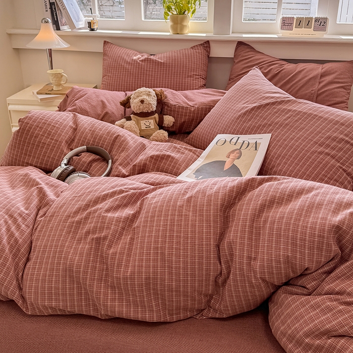 91家纺网 家纺一手货源 找家纺 梦依依 2026新款全棉色织水洗棉拉链款四件套 晚晴红