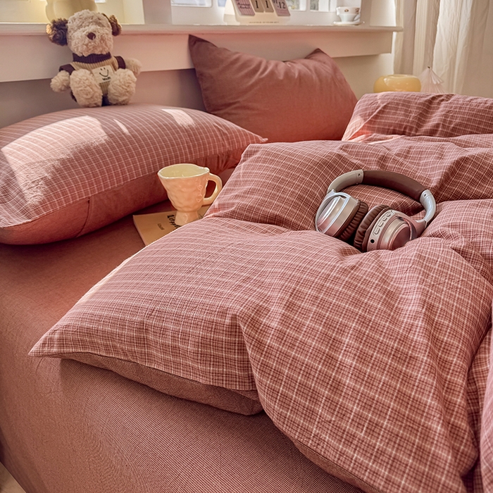 91家纺网 家纺一手货源 找家纺 梦依依 2026新款全棉色织水洗棉拉链款四件套 晚晴红