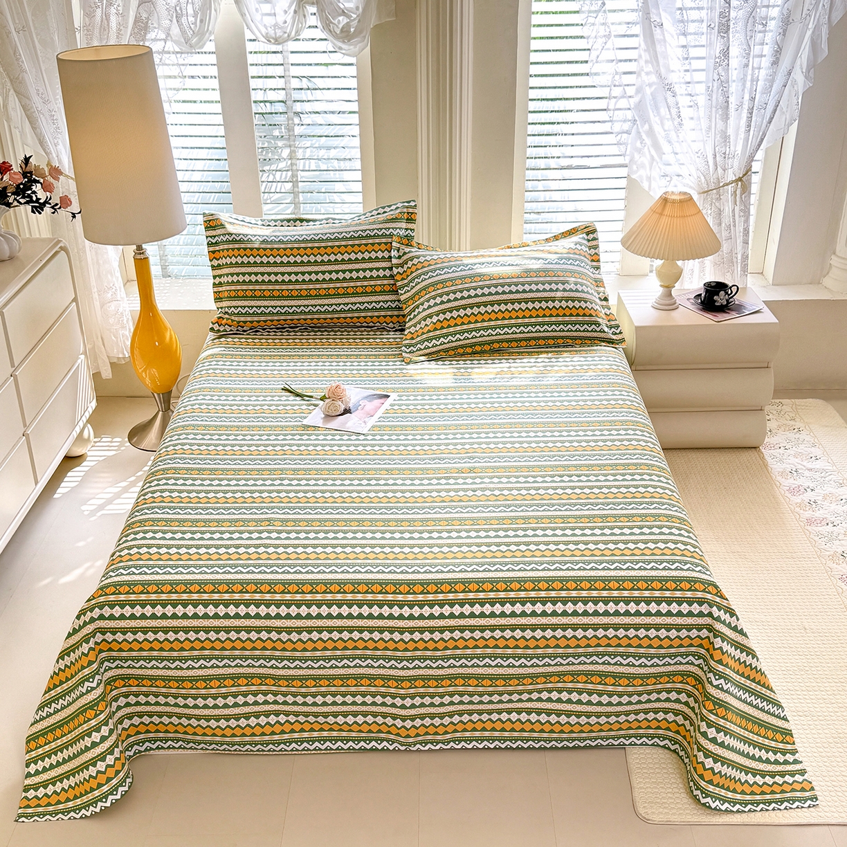 91家纺网 家纺一手货源 找家纺 木易家居 2026新款原棉老粗布床单凉席三件套 雅梦静