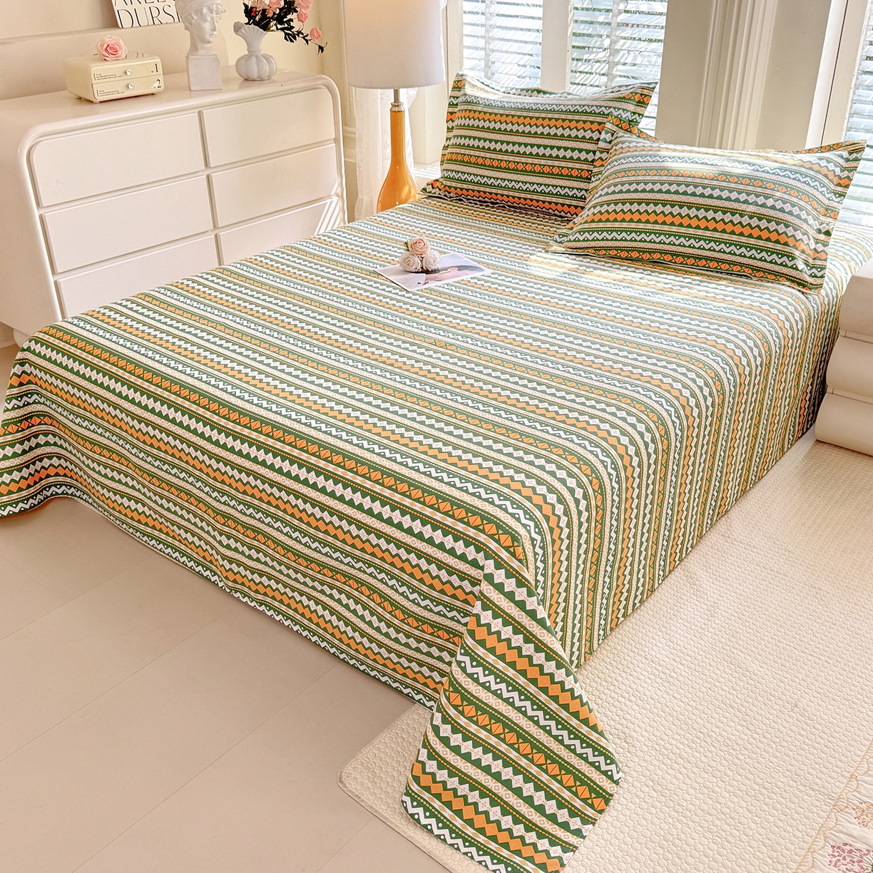 91家纺网 家纺一手货源 找家纺 木易家居 2026新款原棉老粗布床单凉席三件套 雅梦静