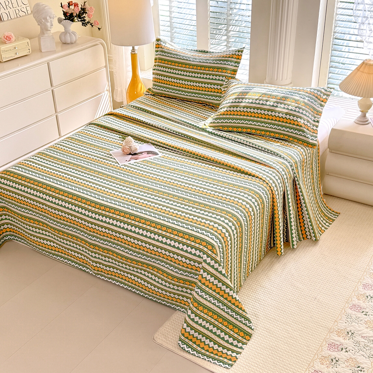 91家纺网 家纺一手货源 找家纺 木易家居 2026新款原棉老粗布床单凉席三件套 雅梦静