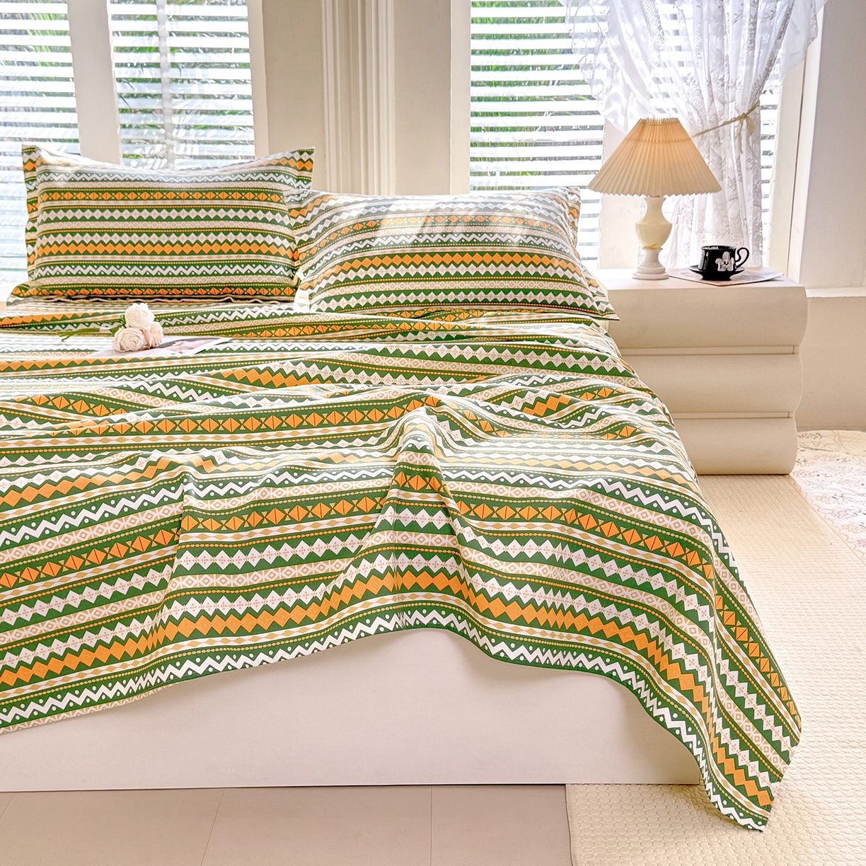 91家纺网 家纺一手货源 找家纺 木易家居 2026新款原棉老粗布床单凉席三件套 雅梦静